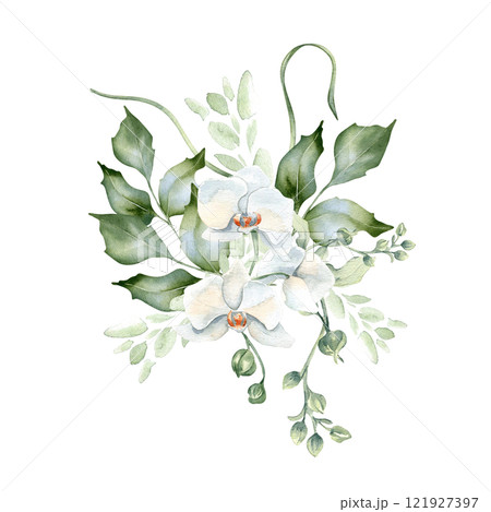 Greenery bouquet of holly branches and orchid bloom delicate watercolor illustration isolated. Foliage of rippled twigs hand drawn in soft green. White flower for nature design, wedding, wall art. Greenery bouquet of holly branches and orchid bloom delicate watercolor illustration isolated. Foliage of rippled twigs hand drawn in soft green. White flower for nature design, wedding, wall art. 121927397