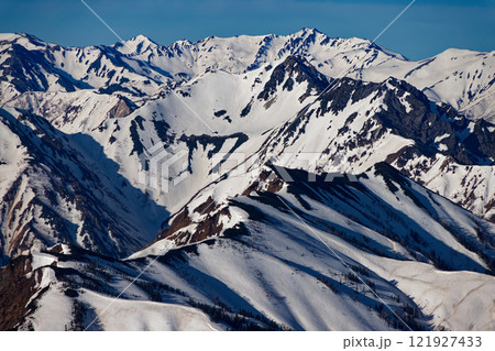 鹿島槍ヶ岳山頂から見る残雪の針ノ木岳と水晶岳・鷲羽岳 121927433