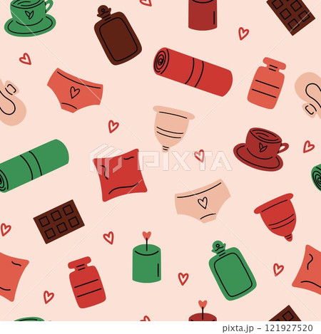 A seamless pattern featuring a collection of soothing symbols related to self-care and wellness during menstruation. 121927520
