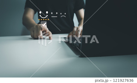 Satisfaction concept of customer, express their opinions, answers and satisfied scores, client is satisfied with pressing 5 stars icon, excellent service, good feedback from user 121927636