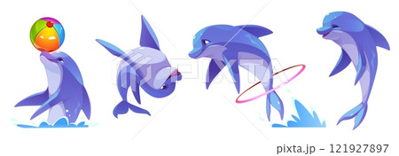 Cute dolphin character set in playful poses 121927897