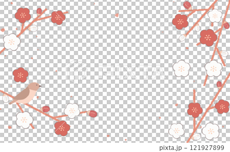 Japanese frame material of plum blossoms and Japanese bush warblers 121927899