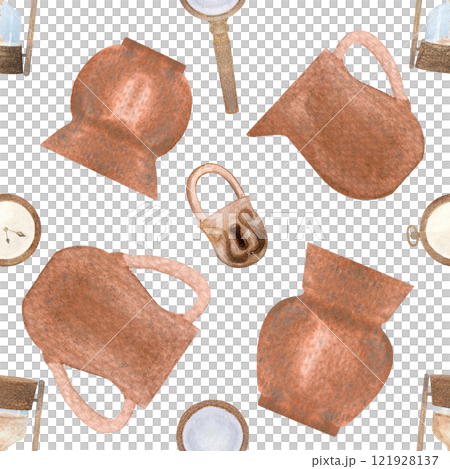 Clay jars, magnifying glass, lock, watch rusty antique watercolor seamless pattern isolated on white, hand drawn design elements. Perfect for wrapping paper, textile, souvenir decor. Ancient clip art Clay jars, magnifying glass, lock, watch rusty antique watercolor seamless pattern isolated on white, hand drawn design elements. Perfect for wrapping paper, textile, souvenir decor. Ancient clip art 121928137
