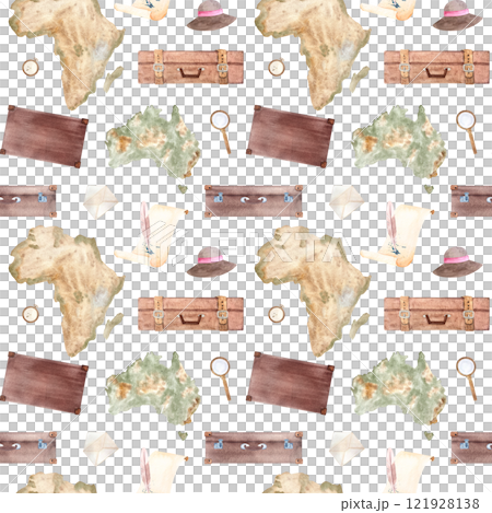 Suitcases, parchment with Australia, Africa map, sun hat, magnifying glass watercolor seamless pattern isolated on white. Hand drawn for stationary, souvenir decor and design, wrapping paper. Vintage 121928138
