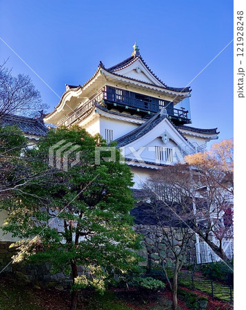 朝日に照らされる岡崎城天守閣を仰ぎ見る〈岡崎城公園/愛知県岡崎市〉 121928248