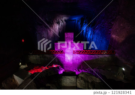Magnificent cross glows with spiritual light in famous underground Catedral de Sal (Salt Cathedral) of Zipaquira, Colombia Magnificent cross glows with spiritual light in famous underground Catedral de Sal (Salt Cathedral) of Zipaquira, Colombia 121928341