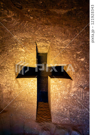 Magnificent cross glows with spiritual light in famous underground Catedral de Sal (Salt Cathedral) of Zipaquira, Colombia Magnificent cross glows with spiritual light in famous underground Catedral de Sal (Salt Cathedral) of Zipaquira, Colombia 121928343