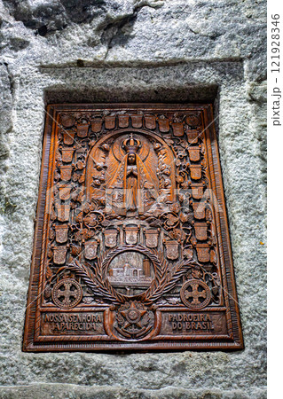 Intricately carved wooden religious panel. Salt Cathedral of Zipaquira, Colombia. Intricately carved wooden religious panel. Salt Cathedral of Zipaquira, Colombia. 121928346