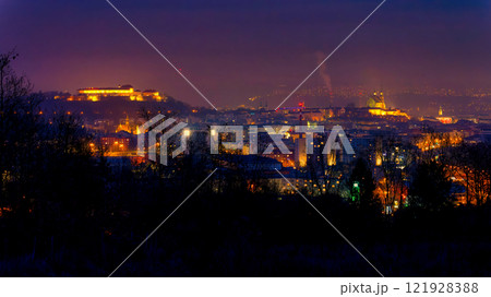 Brno city in the Czech Republic. Europe. Petrov - Cathedral of Saints Peter and Paul and Spilberk castle. Beautiful old architecture and a popular tourist destination. Photography of the city 121928388