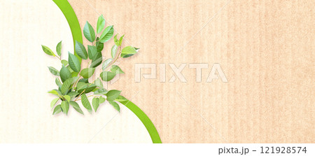 Horizontal banner with eco paper texture and green leaves. Sustainable development of strategy approach to zero waste, responsible consumption. Reuse, renewable resource, eco-friendly concept Horizontal banner with eco paper texture and green leaves. Sustainable development of strategy approach to zero waste, responsible consumption. Reuse, renewable resource, eco-friendly concept 121928574