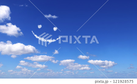 Feeling happy and good mood concept. Funny cloud emoji on blue sky background Feeling happy and good mood concept. Funny cloud emoji on blue sky background 121928575