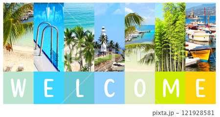 Welcome to summer. Travel, rest, vacation and holiday concept. Horizontal resort banner with bright colourful scenes. View of ocean, palm, yachts, swimming pool, bamboo forest, beach, lighthouse 121928581