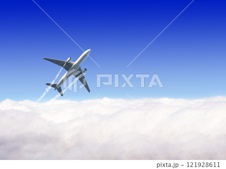 Horizontal nature background with aircraft and Jet trailing smoke in the sky. Airplane and condensation trail. Foggy trail jet and plane in blue sky with white clouds. Traveling the world concept 121928611