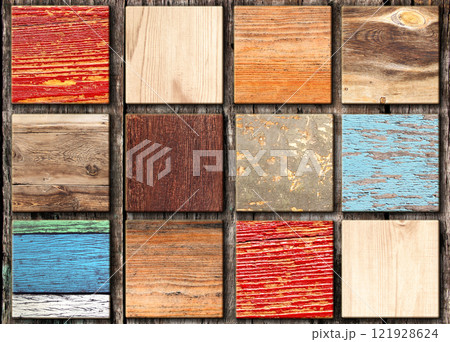 Horizontal background with wooden pattern of different colors. Samples textures of wooden flooring laminate. Parquet timber sample set. Natural material template. Collection of lumber texture 121928624