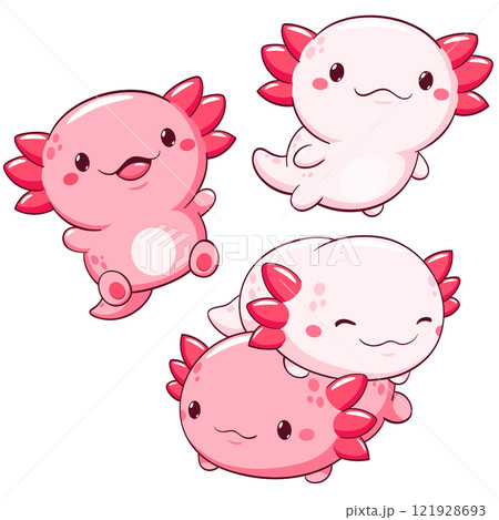 Set of axolotl in kawaii style. Lovely axolotl baby in different poses. Cute axolotl expression sheet collection. Can be used for t-shirt print, sticker, greeting card. Vector illustration EPS8 121928693