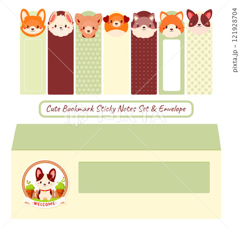 Cute Bookmark Sticky Notes Set and Envelope. Kawaii Adhesive Tags collection for children. Cartoon sticky note element with dog. Perfect for reminders, planning and nursery organization. Vector EPS8 121928704