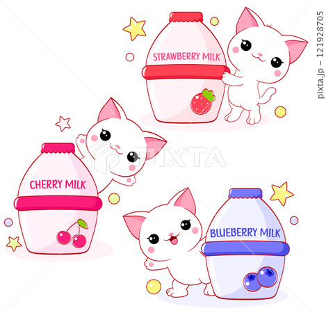 Collection of cats in kawaii style and berry milk, yoghurt, smoothie. Set of cute kittens and yummy berry smoothie in bottle. Can be used for t-shirt print, sticker, greeting card design. Vector EPS8 121928705