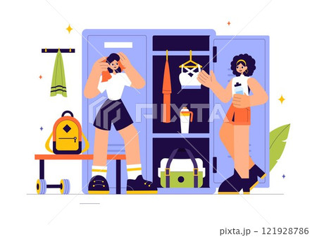 Gym Locker Room Vector Illustration Featuring Dressing Storage for Sports Teams with Fresh Dry Towels, Wardrobes, and Benches for Neat Uniform Changes 121928786