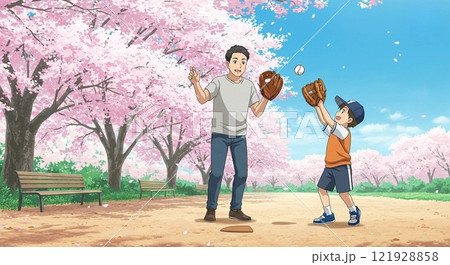 桜の下で親子キャッチボールを楽しむ春のひととき 121928858