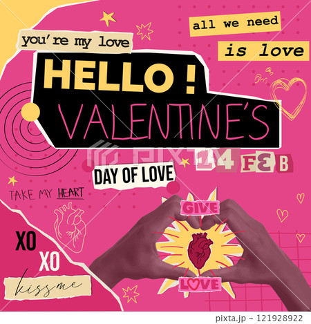 Celebratory Valentine Day collage featuring hand heart gesture with love elements and colors Vector illustration 121928922