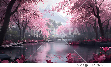 池に浮かぶピンクの桜並木のイラスト素材 [121928955] - PIXTA
