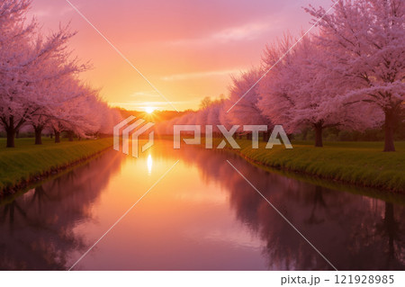 川沿いの夕焼けの桜 AI生成画像 川沿いの夕焼けの桜 AI生成画像 121928985