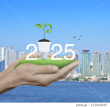 Happy new year 2025 green ecology and saving energy concept 121929247