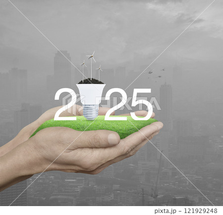 Happy new year 2025 green ecology and saving energy concept 121929248