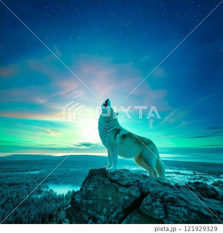 崖の上に立つ銀狼（狼）のイラスト素材 [121929329] - PIXTA