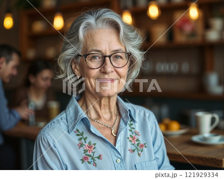 Smiling elderly woman with glasses in a cozy cafe setting Smiling elderly woman with glasses in a cozy cafe setting 121929334