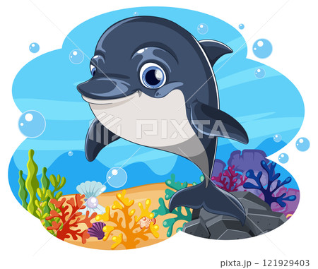 Playful Dolphin in Vibrant Coral Reef 121929403