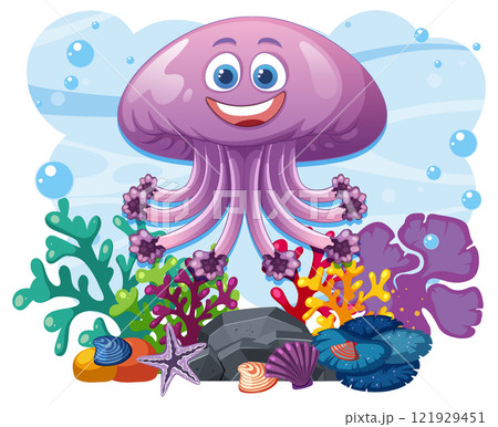 Smiling Jellyfish in Vibrant Coral Reef 121929451