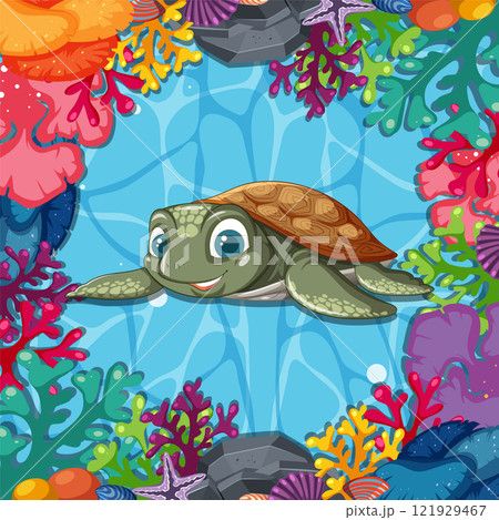 Colorful Sea Turtle Among Coral Reefs 121929467