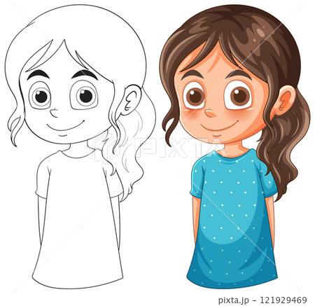 Smiling Girl in Blue Dress Illustration 121929469