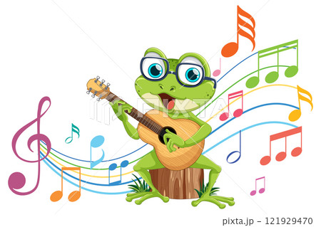 Frog Playing Guitar with Musical Notes 121929470