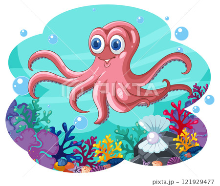 Cheerful Octopus in Vibrant Coral Reef Cheerful Octopus in Vibrant Coral Reef 121929477