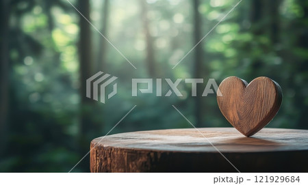 Minimalist Photograph of a Wooden Heart Symbol Carved on a Table Surrounded by Nature with Soft Background Blur 121929684