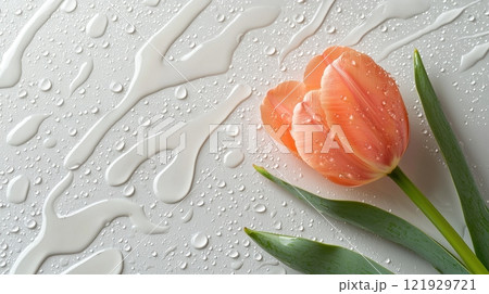 Single Pink Tulip Flower with Dew Drops on White Background and Water Accents 121929721