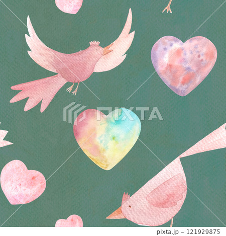 Cute birds, pink and colorful hearts watercolor seamless pattern on dark turquoise background. High quality clip art in cartoon style great for children design, textile, wrapping paper, St Valentine Cute birds, pink and colorful hearts watercolor seamless pattern on dark turquoise background. High quality clip art in cartoon style great for children design, textile, wrapping paper, St Valentine 121929875