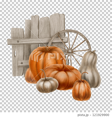 Rustic orange and grey pumpkins,a cart wheel and a piece of gray wooden fence as a festive holiday symbol.Decoration for Halloween,Thanksgiving.Watercolor clipart on transparent background 121929900