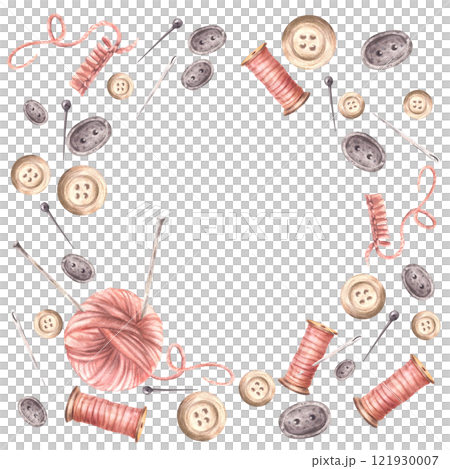 Buttons, a pink yarn ball with knitting needles, thread spool and sewing pins frame. Needlework, handicrafts, hobby square label template. Watercolor hand drawn illustration isolated from background Buttons, a pink yarn ball with knitting needles, thread spool and sewing pins frame. Needlework, handicrafts, hobby square label template. Watercolor hand drawn illustration isolated from background 121930007