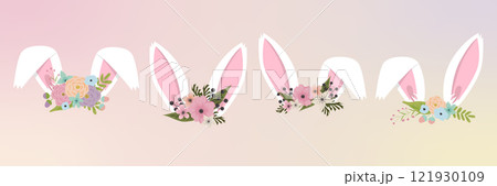 Bunny face elements set cartoon flat design ears vector illustration isolated. Rabbit mask filter with flower crown. 121930109