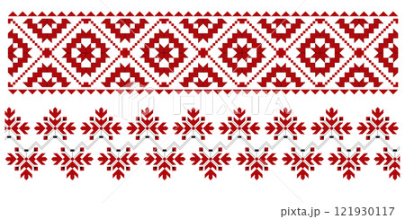 Set of editable colorful seamless ethnic Ukrainian traditional cross stitch patterns for embroidery stitch. Floral and geometric ornaments. Set of editable colorful seamless ethnic Ukrainian traditional cross stitch patterns for embroidery stitch. Floral and geometric ornaments. 121930117