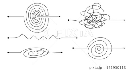 Complex easy simple way from start to idea. Chaos simplifying, problem solving and business solutions idea searching concept vector illustration. Hand drawn doodle scribble chaos lines Complex easy simple way from start to idea. Chaos simplifying, problem solving and business solutions idea searching concept vector illustration. Hand drawn doodle scribble chaos lines 121930118