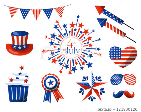 4th of July, USA Independence Day. Vector holiday frame isolated on white background. Paper stars in USA flag colors. Material design for greeting card, flyer, banner, poster. 121930120