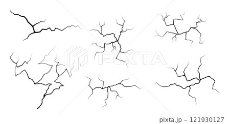 Set of cracks. Collection of different black lightning bolts. Earth crack. Set thunderstorm and lightning. Vector illustration of natural phenomena on white background. Set of cracks. Collection of different black lightning bolts. Earth crack. Set thunderstorm and lightning. Vector illustration of natural phenomena on white background. 121930127