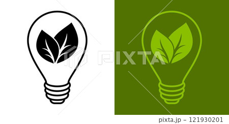 Electric light bulb with a green leaf. Energy saving symbol. Green energy and eco-friendly sources logo concept. World Environment Day. Energy icon with a green leaf 121930201