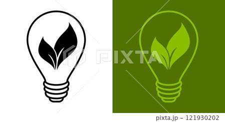 Electric light bulb with a green leaf. Energy saving symbol. Green energy and eco-friendly sources logo concept. World Environment Day. Energy icon with a green leaf 121930202