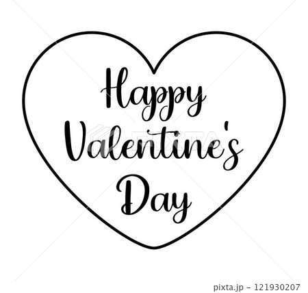 Happy Valentine's Day. Simple black and white inscription inside heart. Romantic design template to celebrate 14 February. Poster, sticker, banner, postcard. 121930207