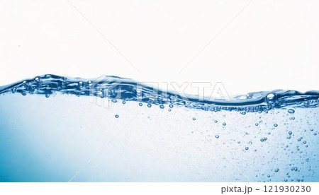 洗浄や潤いの表現　透明な水の表面と気泡が漂う青い波模様 121930230